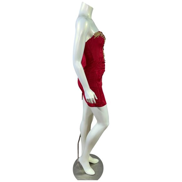 Jessica McClintock Gunne Sax Red Strapless Mini Dress with Gold Lace - Size 3/4 - Picture 14 of 16